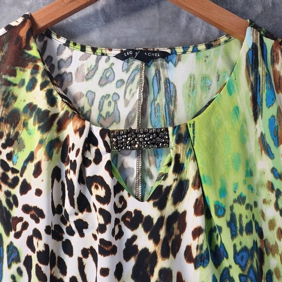 Zac & Rachel Womens Sleeveless TankTop L Green Blue Animal Print Beaded Hem Boho - Picture 5 of 11
